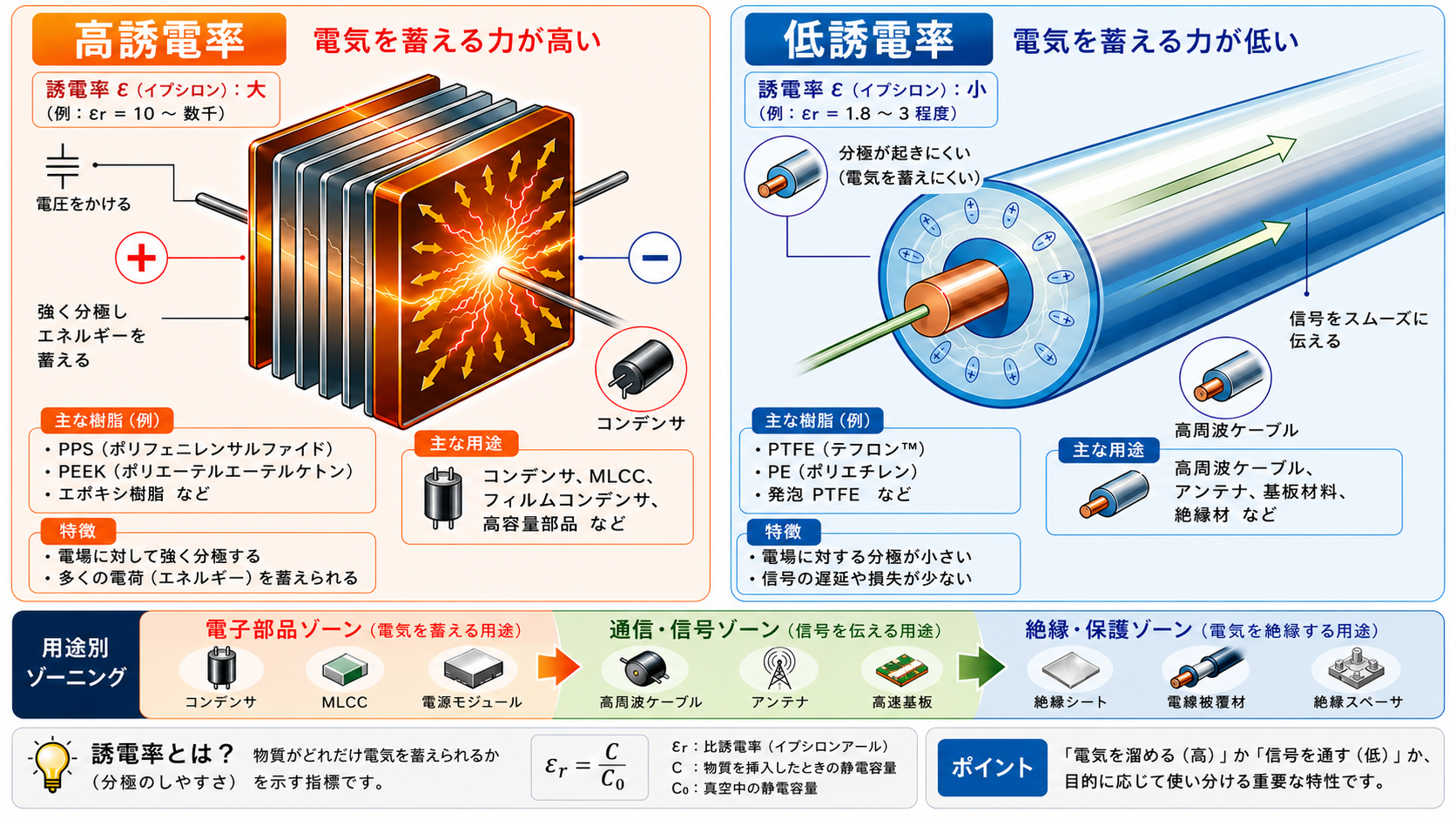 高誘電率樹脂と低誘電率樹脂の違いを比較した図